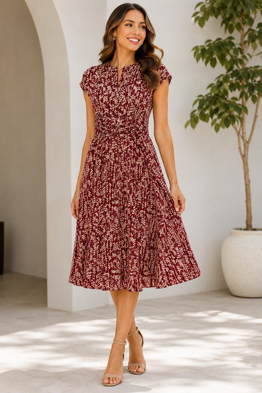 NorthStyle Burgundy Floral Print Midi Dress Size 12 Ruched Waist Short Sleeve